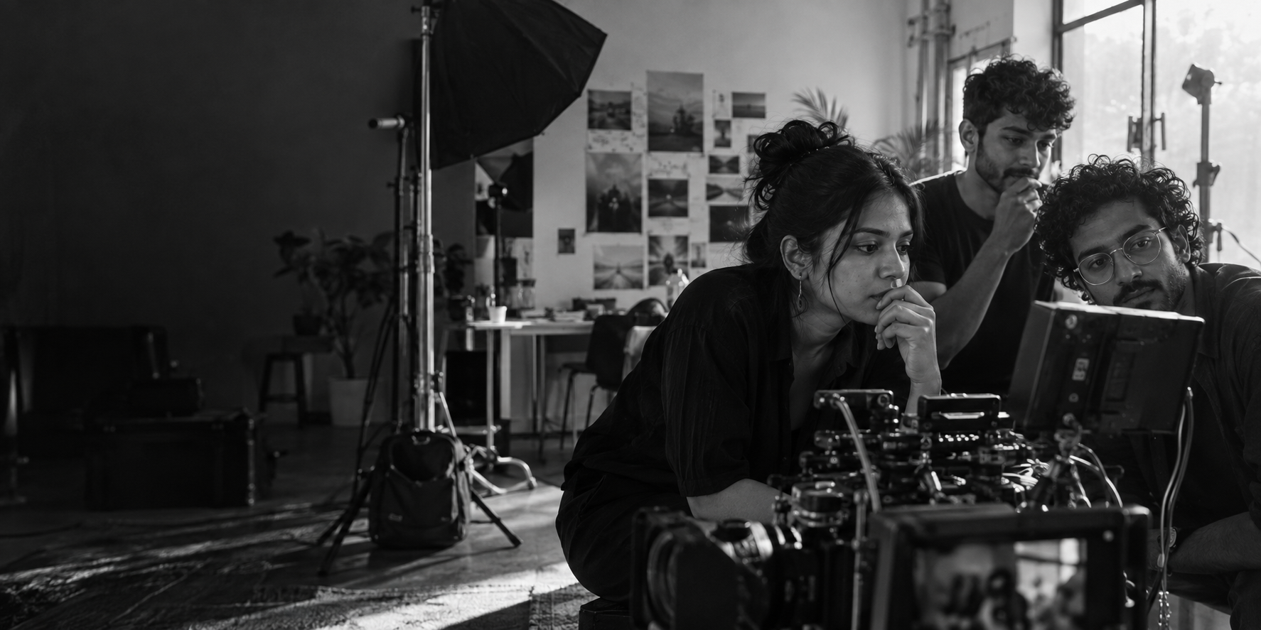 Creative collaborators working around a production monitor